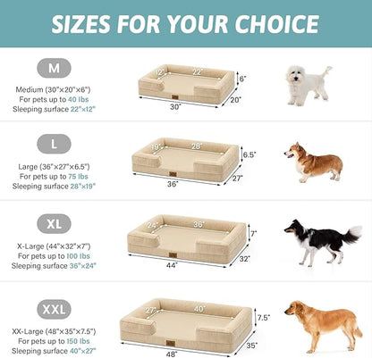COZY KISS Cooling Dog Bed for Large Medium Size Dogs, Q-Max >0.4 Summer Cool Orthopedic Foam Pet Sofa Bed with Sides, Bolster Anti-Slip Couch with Washable Removable Cover, L 36x27x6.5 inch, Beige