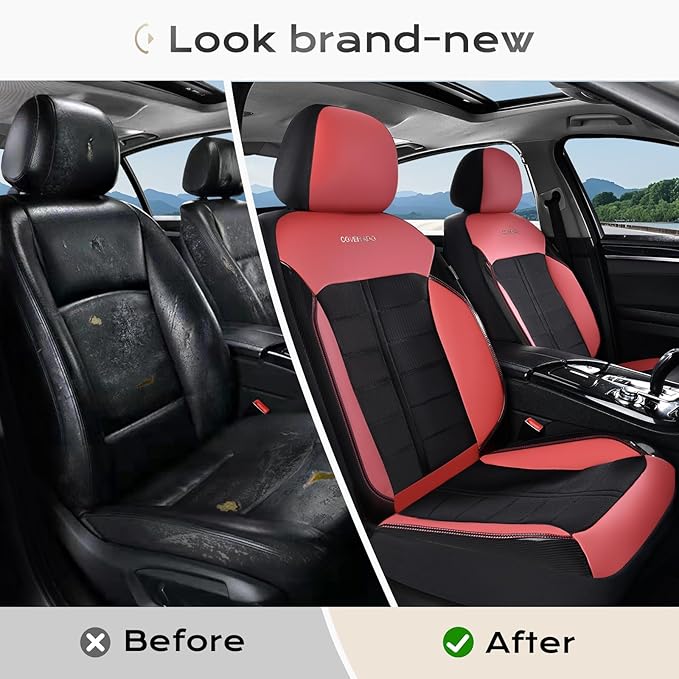 Coverado 3D Air Mesh Front Car Seat Cover, Sports Carbon Fiber Design, Breathable Seat Protectors Airbag Compatible Comfort Universal for Most Cars, Van,Trucks, SUV, Black&Wine
