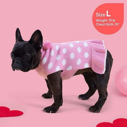 KYEESE Valentines Dog Sweater Dress, Warm Dog Sweaters for Small Dogs Girl Dogs Clothes, Pullover Cozy Knit Pet Apparel with Leash Hole, Pink Dot, M
