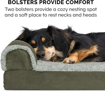 Furhaven Orthopedic Dog Bed for Medium/Small Dogs w/ Removable Bolsters & Washable Cover, For Dogs Up to 35 lbs - Two-Tone Plush Faux Fur & Suede L Shaped Chaise - Dark Sage, Medium