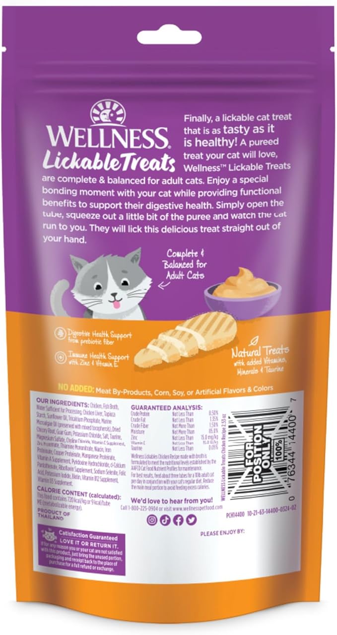 Wellness Lickable Treats Soft Puree Natural Grain Free Adult Cat Treats, Chicken Recipe, Contains 6-0.4 Ounce Squeezable Tubes