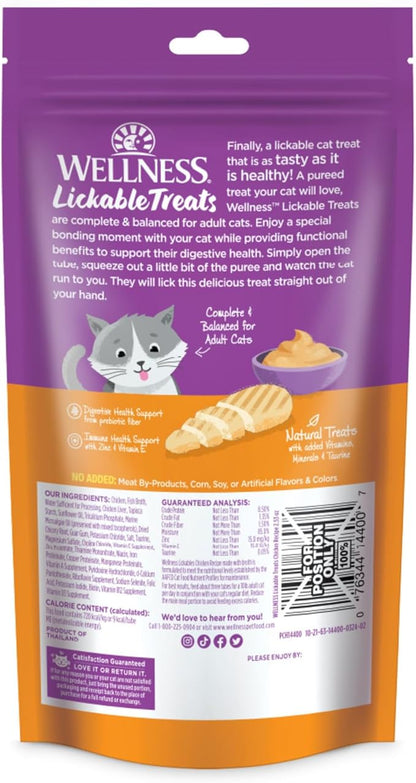 Wellness Lickable Treats Soft Puree Natural Grain Free Adult Cat Treats, Chicken Recipe, Contains 6-0.4 Ounce Squeezable Tubes