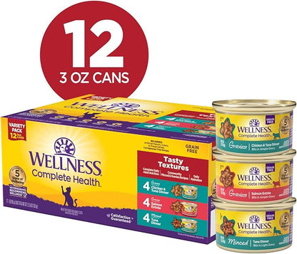 Wellness Complete Health Gravy and Minced Variety Pack Adult Canned Wet Cat Food, Natural, Protein Rich, Grain Free, Salmon, Tuna, and Chicken Recipes, 3 oz, Pack of 12 Cans