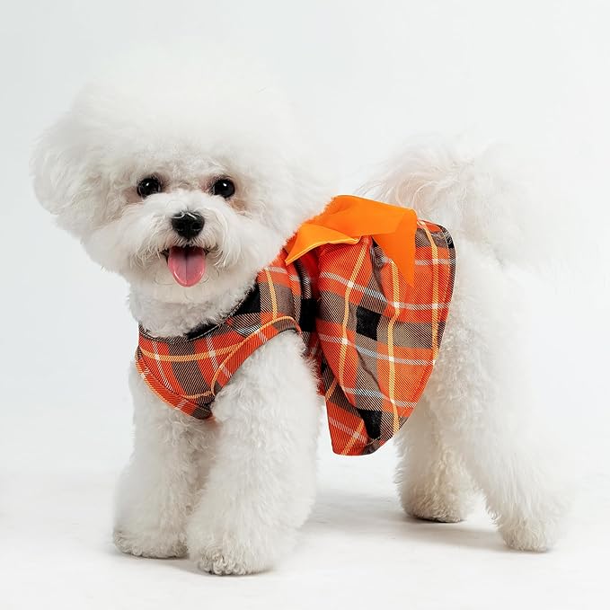PUPTECK Plaid Fall Dog Dress Pet Apparel for Autumn with Cute Bowtie Puppy Clothes Outfit, Plaid, M