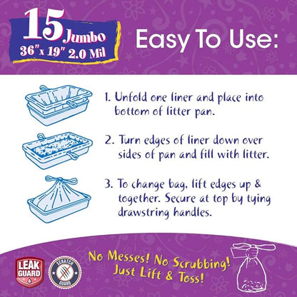 15 Count Fresh Kitty Litter Box Liners Super Thick, Durable, Easy Clean Up Jumbo Drawstring Scented Litter Pan Box Liners, Bags for Pet Cats