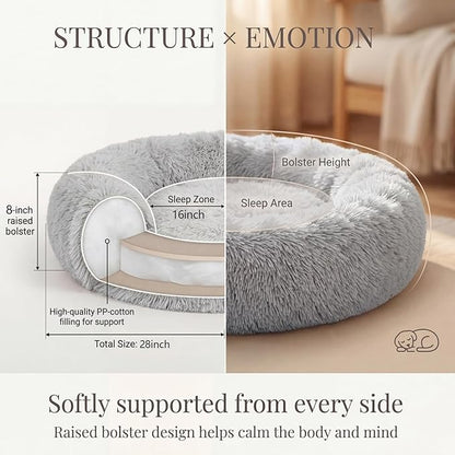 Calming Dog Bed for Medium Dogs Washable Donut 28 inches Anti-Slip Pet Bed,Round Fluffy Plush Faux Fur Cat Bed,Fits up to 40 lbs Pets,Frost Grey