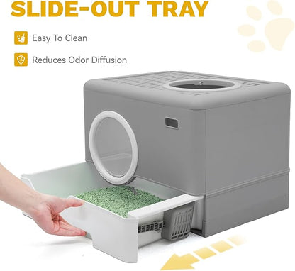 DWVO Enclosed Cat Litter Box with Two-Way Entry/Exit, Large Hooded Anti-Splash Cat Toilet with Lid, Hidden Litter Scoop - Gray