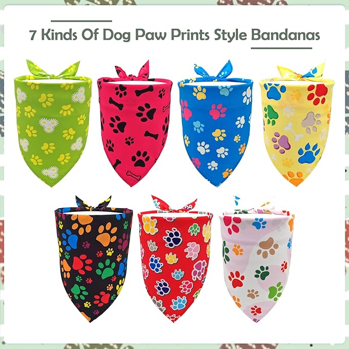 7 PCS Paw Print Dog Bandanas for Small Dog Stitching Edge Dogs Bandana for Puppy Doggy Print One Side Scarves Party Grooming S