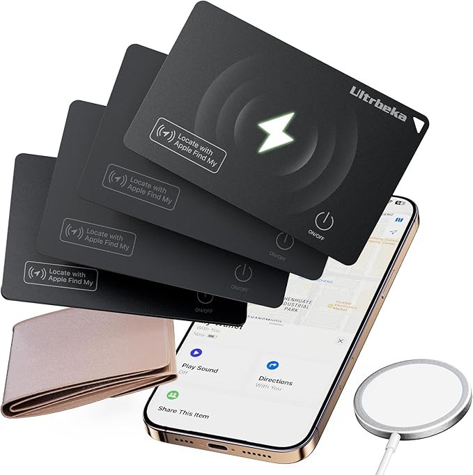 Ultrbeka Wallet Tracker Card IP68 Waterproof Bluetooth Tracker for Wallets, Passport, Work with Apple Find My, Wireless Charging, iOS Only [Apple MFi Certified]- 4pcs / 1* Wireless Charger