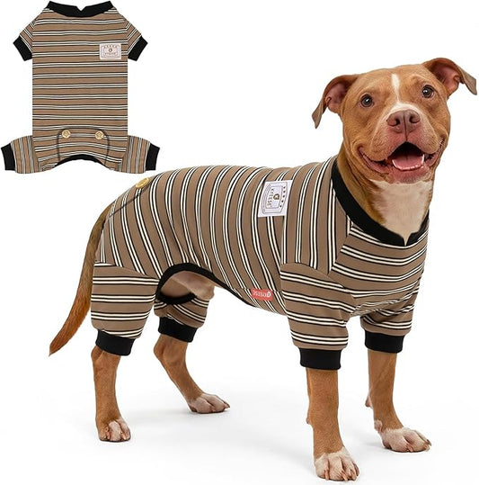 KYEESE Dog Pajamas, Soft Dog Pajamas for Large Dogs Boy Girl, Comfy Dogs PJS Breathable Onesie Clothes, Stretchy Jammies Pet Sleepwear, Lightweight Puppy Jumpsuit Outfit, Khaki Striped, 3XL