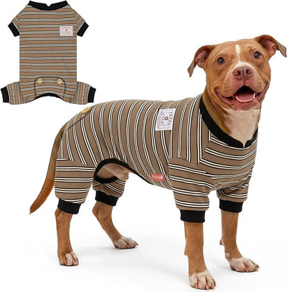 KYEESE Dog Pajamas, Soft Dog Pajamas for Medium Large Dogs Boy Girl, Comfy Dogs PJS Breathable Onesie Clothes, Stretchy Jammies Pet Sleepwear, Lightweight Puppy Jumpsuit Outfit, Khaki Striped, 2XL