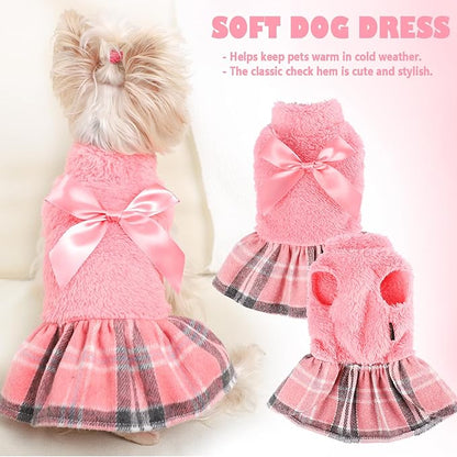 Dog Dress Female Sweater for Small Dogs Girl Winter Flannel Warm Pet Puppy Cat Princess Plaid Dresses Clothes (X-Small, Pink)