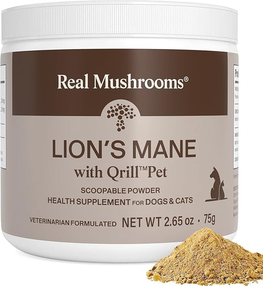 Real Mushrooms Lion’s Mane with Qrill Pet - Lion's Mane for Dogs and Cats with Krill Meal, Beta-Glucan Rich Mushroom Extracts for Immune, Digestion, and Brain Support for Puppies and Kittens, 75g