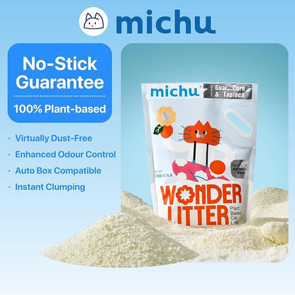 Michu Wonder Cat Litter, Cassava Plant-Based Cat Litter, Automatic Litter Box Friendly, Flushable & Fast Clumping, Low Dust Odor Control, 5.5lb/88oz - Lemon Tea 3 Pack