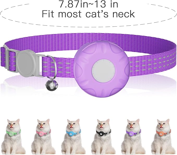 Cat Tracker Collar,No Monthly Fee Cat Tracker Works with Apple Find My App(Only iOS),GPS Tracker for Cats,Real-Time Location Pet Tracking|Safety Collar and Tracker Holder Included-Purple