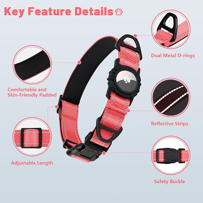Taglory AirTag Dog Collar with Waterproof Holder for Medium Dogs, Baby Pink | Reflective for Night Walks & Low-Light Safety, Track Your Pup Peace of Mind, Adjustable Soft Padded, No More Dangling Tags M