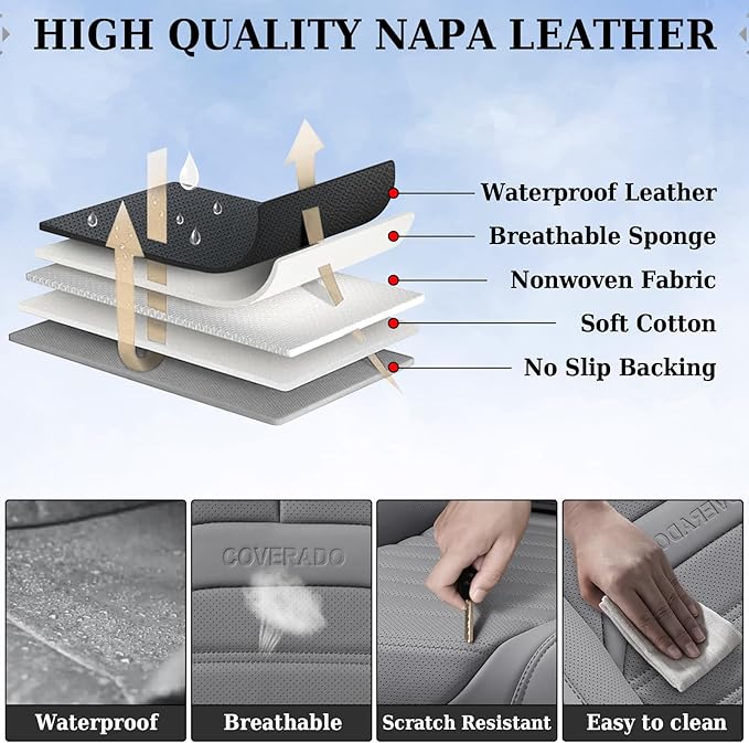 Coverado Car Seat Covers Full Set, Gray Seat Covers for Cars, Automotive Seat Covers, Waterproof Nappa Leather Front Seats and Back Car Seat Protector, Universal Fit for Most Cars SUV Trucks
