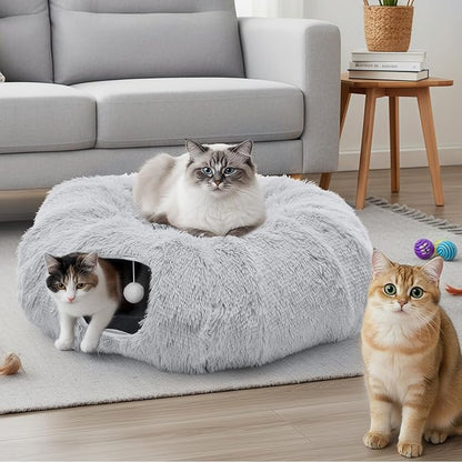 DUMOS Cat Tunnel Bed for Indoor Cats Cave Donut Play Tunnel with Soft Plush Peekaboo, Circle Cushion, Washable Multifunctional Playground Under Tree Pet Toys for Kittens, Puppy Rabbit, Ferret, Grey