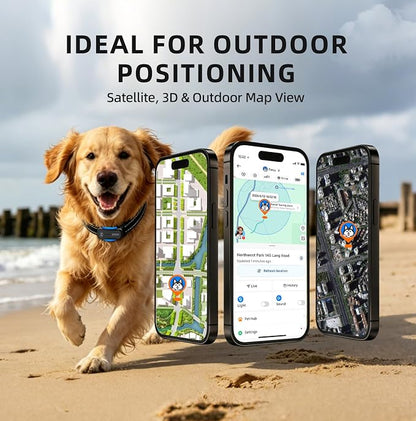 A golden retriever runs along a sandy beach with three floating smartphone mockups showing map and satellite views, under the text 'IDEAL FOR OUTDOOR POSITIONING' and 'Satellite, 3D & Outdoor Map View'.