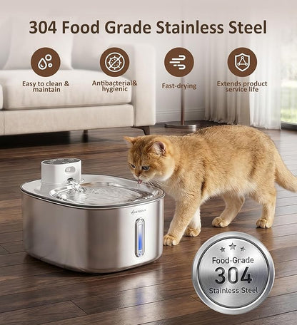 Stainless Steel Cat Water Fountain,152fl-oz/4.5L Wireless Cat Fountain,5000mAh Battery Operated Pet Water Fountain for Cats Dogs,Ultra Quiet