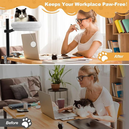 Cat Desk Bed, Pet Cats Desk Table Round Hammock, 360° Rotation & Height Adjustable, Comfortable Washable Soft Pad for Kitten, Metal Frame for Table Mounted Desk Side Pet Perch Bed Furniture