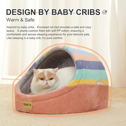 Jiupety Cute Cat Beds for Indoor Cats, Cat Cave Bed for Kittens, Hideaway Cat House & Tent with Anti-Slip Bottom, Washable Removable Cushion, M(16"x16"x13"), Rainbow