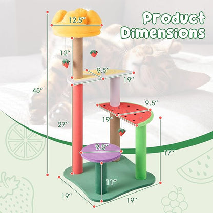 PETSITE 45-inch Cute Cat Tree, Multi-Level Cat Tower with Scratching Posts, Plush Padded Top Perch, Fruit-Shaped Platforms, and Strawberry Dangling Balls, Fruit Cat Tree Tower for Indoor Cats