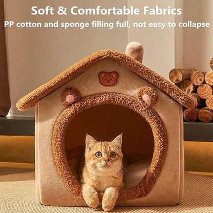 Cat Bed for Indoor Cats, Cozy Cave Bed Cat House Cats Tent with Removable Cushion Pillow, Soft Warm Pet House, Cute Bear Pet Nest for Kitten Small Dogs (Brown, M-18.1x14.57x15.75 Inches)