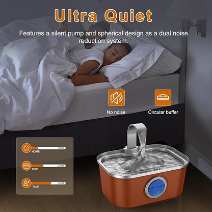 Bobo&Dragon Automatic Stainless Steel Water Fountain for Cat & Dog in Amber Orange 124oz/3.5L Quiet Faucet Flow Water Dispenser, Fresh Filtered Hydration, Easy Clean, Leak-Proof for Indoor Pets