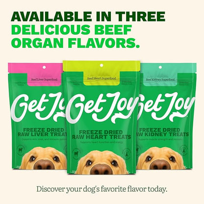 Get Joy Freeze Dried Dog Treats, 100% Beef Heart, 4 Ounce Bag (Pack of 3), Single Ingredient Organ Meat, High Protein, Heart Health, Energy, Grain Free, Gluten Free, Made in USA