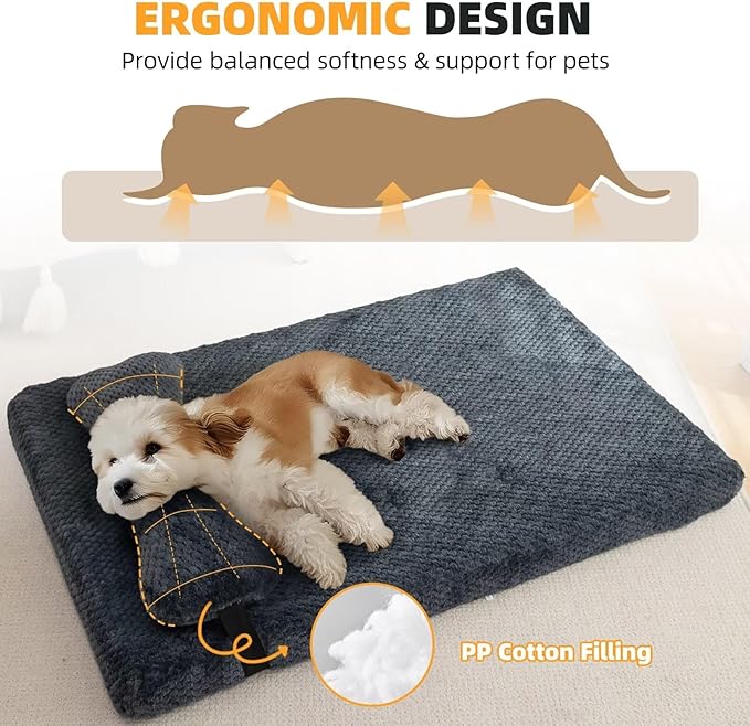 huraty Large Dog Bed Mat with Pillow, Egg Crate Foam Pet Bed Bolster Pillow for Support, Washable Dog Bed Mattress Suitable for Pets Up to 50 lbs, Beige 39.4x25.5x3 in