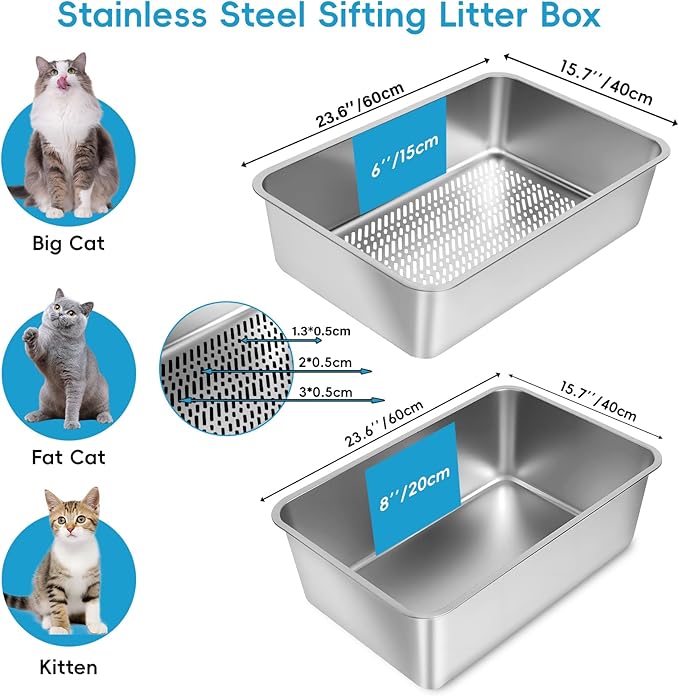 Stainless Steel Sifting Litter Box, 23.6" L x 15.7" W x 8" H Semi-Enclosed Metal Cat Litter Box with Sifting Pan, Scoop for Big Cat Easy Cleaning