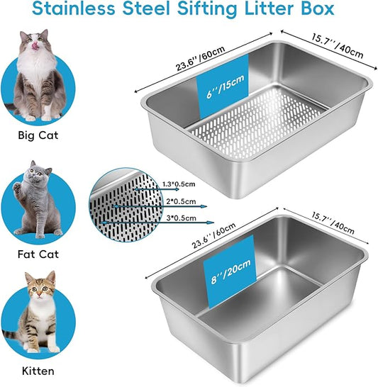Stainless Steel Sifting Litter Box, 23.6" L x 15.7" W x 8" H Semi-Enclosed Metal Cat Litter Box with Sifting Pan, Scoop for Big Cat Easy Cleaning