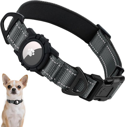 Taglory AirTag Dog Collar with Waterproof Holder for Puppy, Gray, XS | Reflective for Night Walks & Low-Light Safety, Track Your Pup Peace of Mind, Adjustable Soft Padded, No More Dangling Tags