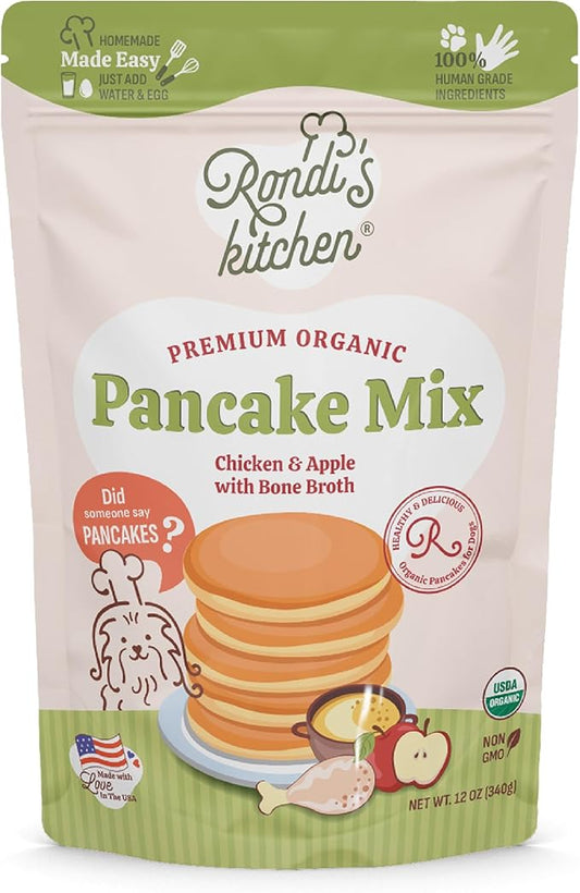 Rondi's Kitchen Organic Dog Pancake Mix - Natural Healthy Treat for All Dogs - Superfood Snack Made with Human-Grade Ingredients - Makes About 38 Pancakes - Chicken & Apple with Bone Broth