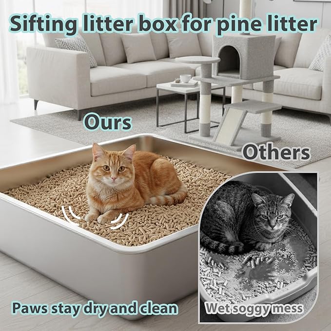 Stainless Steel Sifting Litter Box for Pine Pellets,Sifting Cat Litter Box for Wood Pellets,Large Sifter Litter Pan System with Litter Liners and Scoop-17.72'' L x13.78'' W x6''H