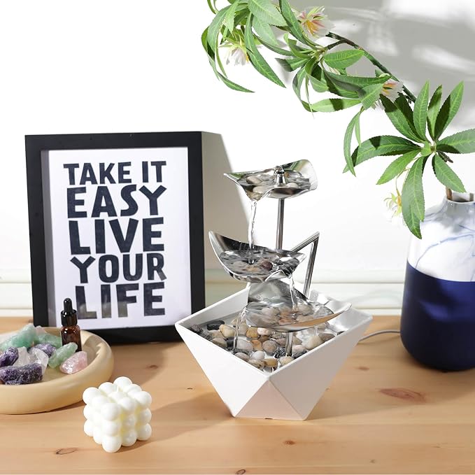 Trilogy Tabletop Fountain with 3-Tier Stainless Steel Waterfall | Handcrafted Design, Adjustable Water Flow & Smart Pump for Modern Home Decor