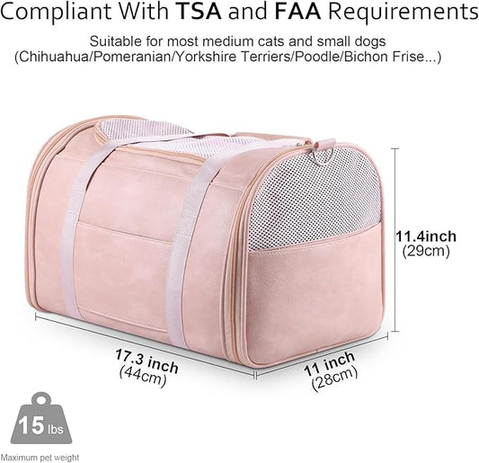 Lasaviin Fashion Leather Dog Carrier Cat Carrier Airline Approved Pet Carrier for Small Medium Dogs Cats Under 15Lbs, Collapsible Soft Sided Travel Puppy Carrier Pink