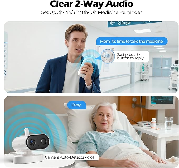 Elderly Monitor with Camera and Audio, Two-Way Talk Baby Monitors for Elderly Care, Call Button, Med Reminder Camera for Elderly Monitoring, for Seniors, Dementia Patients (No WiFi)