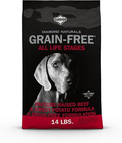 Diamond Naturals Grain-Free Recipe All Life Stages, Real Meat Protein Dog Food Premium Pastured-Raised Beef and Sweet Potato, with Taurine, and Omega Fatty Acids, for all Breed Sizes 14lb