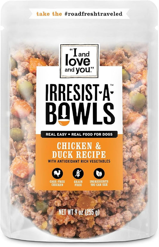 I AND LOVE AND YOU Irresist-a-Bowls Freeze Dried Dog Food - Chicken + Duck- Prebiotics, Grain Free, Filler Free, Meal Enchancer, 9oz Pouch, 4pk