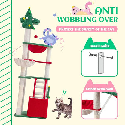 SHA CERLIN 67in Tall Cat Tree/Climbing Tower with Top Perch, Hammock, Sisal Scratching Posts/Cute Condo for Indoor Kitties/Pet Feline House/Activity Center/Christmas Decor/Green & Red