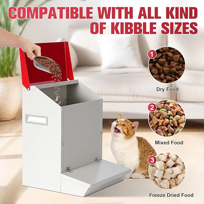 Automatic Cat Feeder 2 Cats,50cups/12L Automatic Pet Feeders Large Capacity Outdoor Galvanized Steel Multiple Cats Feeder Gravity Dog Dry Food Dispenser with Lid