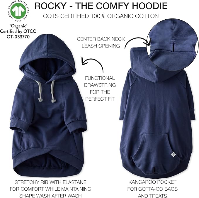 Pet Passion Rocky – The Original Lightweight Hooded Tee 100% Organic Cotton Dog Hoodie Pet Coat Sweater for All Sized Dogs, Original Navy, XXX-Small (up to 5lbs)
