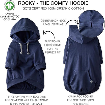 Pet Passion Rocky – The Original Lightweight Hooded Tee 100% Organic Cotton Dog Hoodie Pet Coat Sweater for All Sized Dogs, Original Navy, Small (10-25 lbs)