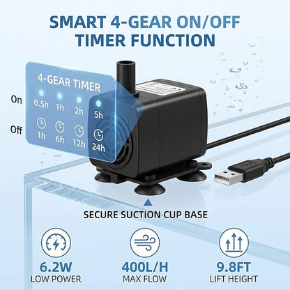 Smart Programmable Submersible Pump, Ultra Quiet 4 Gear Timer for Aquarium Fountain Pond Cooling System USB Powered Suction Cup Base Easy Setup