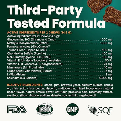 VetriScience Ultimate Strength Hip & Joint Supplement for Dogs, GlycoFlex Plus – MSM, Chondroitin & Green-Lipped Mussel Chews for Mobility, Flexibility, Comfort & Support, Peanut Butter Flavor 120 Cnt