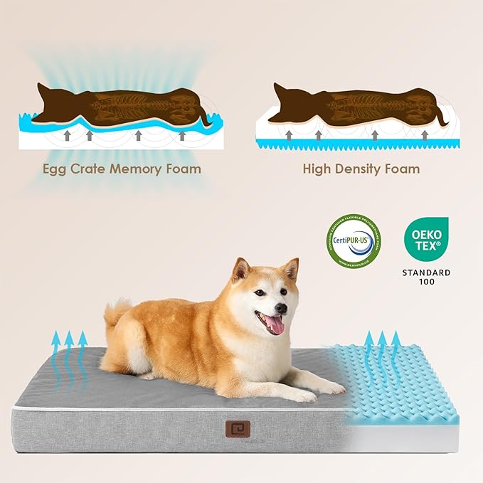EHEYCIGA Waterproof Dog Bed Memory Foam 36x27, Orthopedic Dog Beds Mat for Large Dogs with Removable Cover, Grey