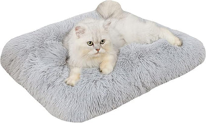 Liveinu Long Plush Calming Pet Bed Cuddler Pet Bed for Dogs and Cats Fluffy Faux Fur Dog Bed with Anti Slip Bottom Machine Washable Pet Sleep Bed Crate Mat Light Grey XL