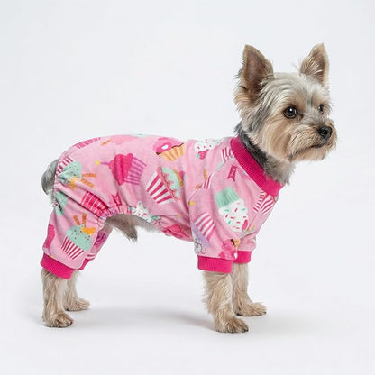 Fitwarm Cupcake Dog Pajamas, Birthday Outfit for Small Dogs Girl, Cozy Pet Onesie with Feet, Pink, Small